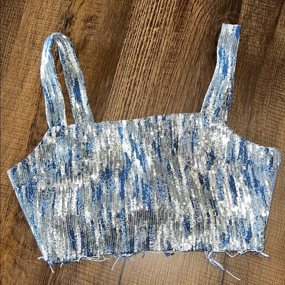 Cropped Blue and Silver Women's Top